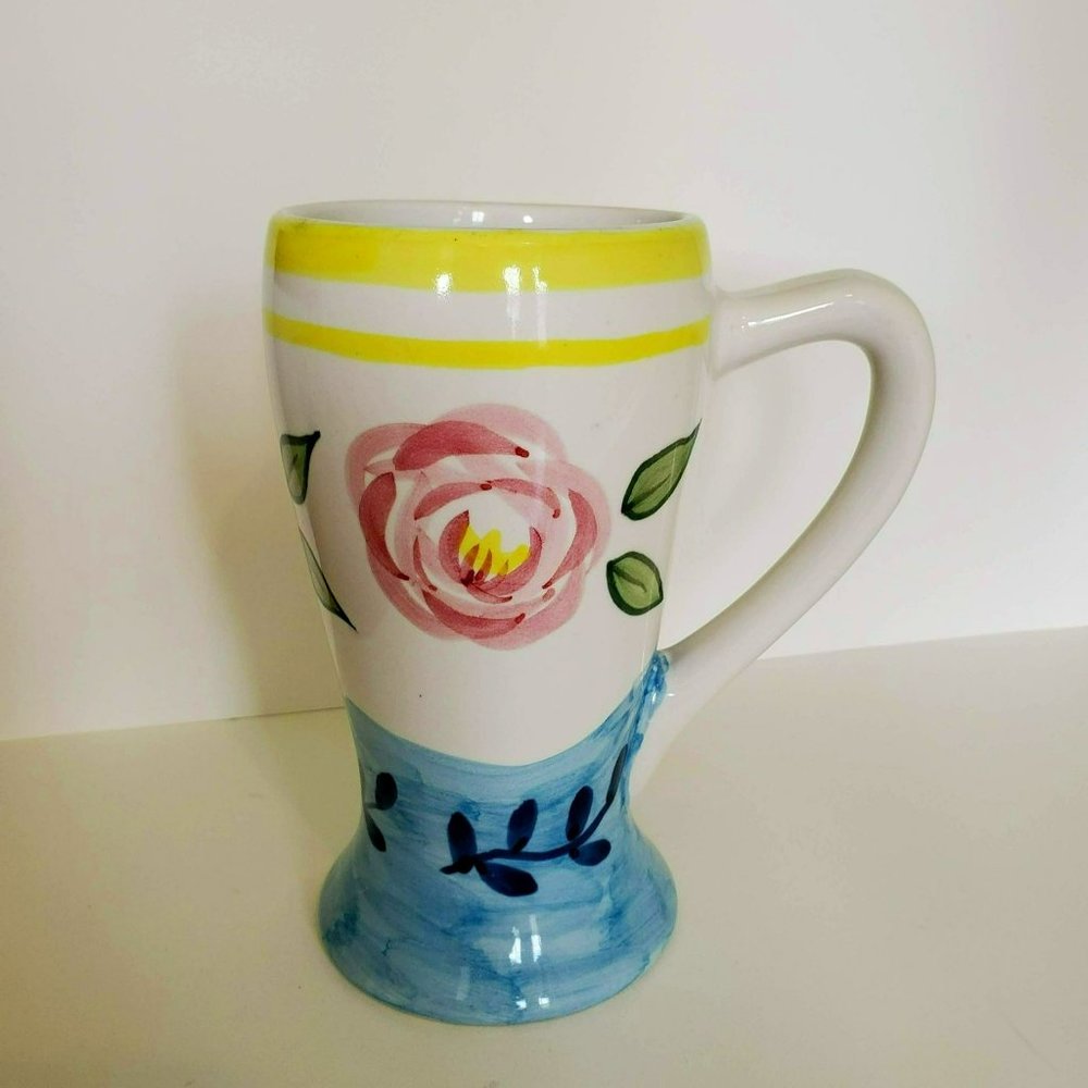 Vintage Floral Ceramic Mug, Hand Painted Pink Roses, Pastel, Flowers, 1990s
